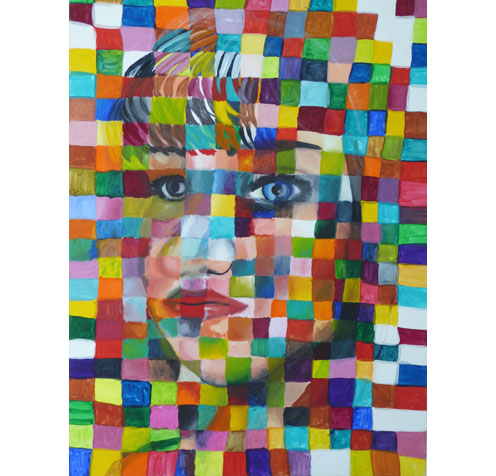 Frauenportrait verborgen in bunten Pixeln.